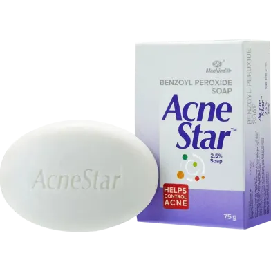 AcneStar soap bar beside its white and purple packaging box.