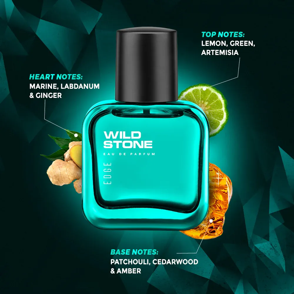 Wild Stone perfume bottle with lime, ginger, and amber accents on a dark green background.