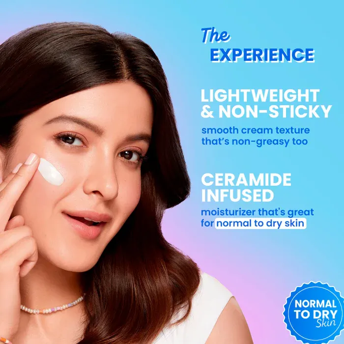 Woman applying white cream to her cheek on a blue gradient background with skincare details.