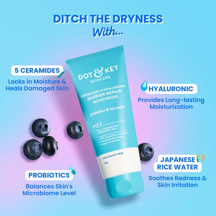 A tube of Dot & Key moisturizer with blueberries on a blue gradient background.