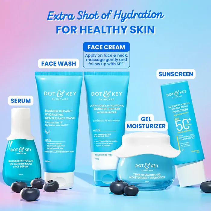 Dot & Key skincare products arranged with berries on a blue and pink gradient background.