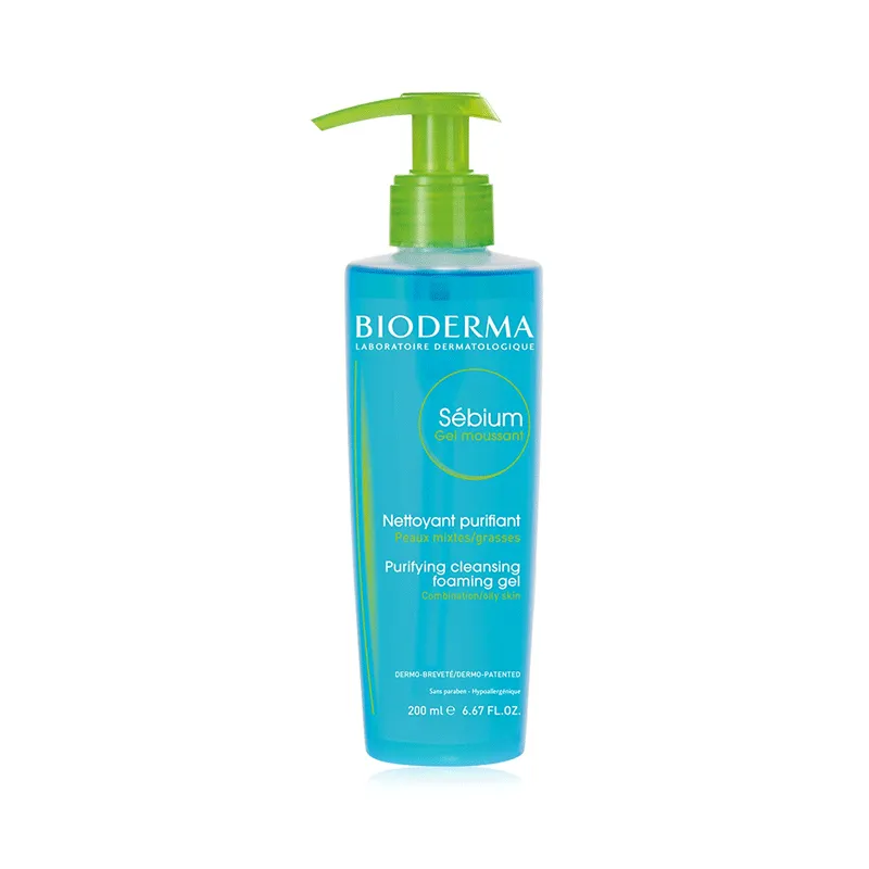 Bioderma Sebium purifying cleansing gel bottle with green pump and blue label.