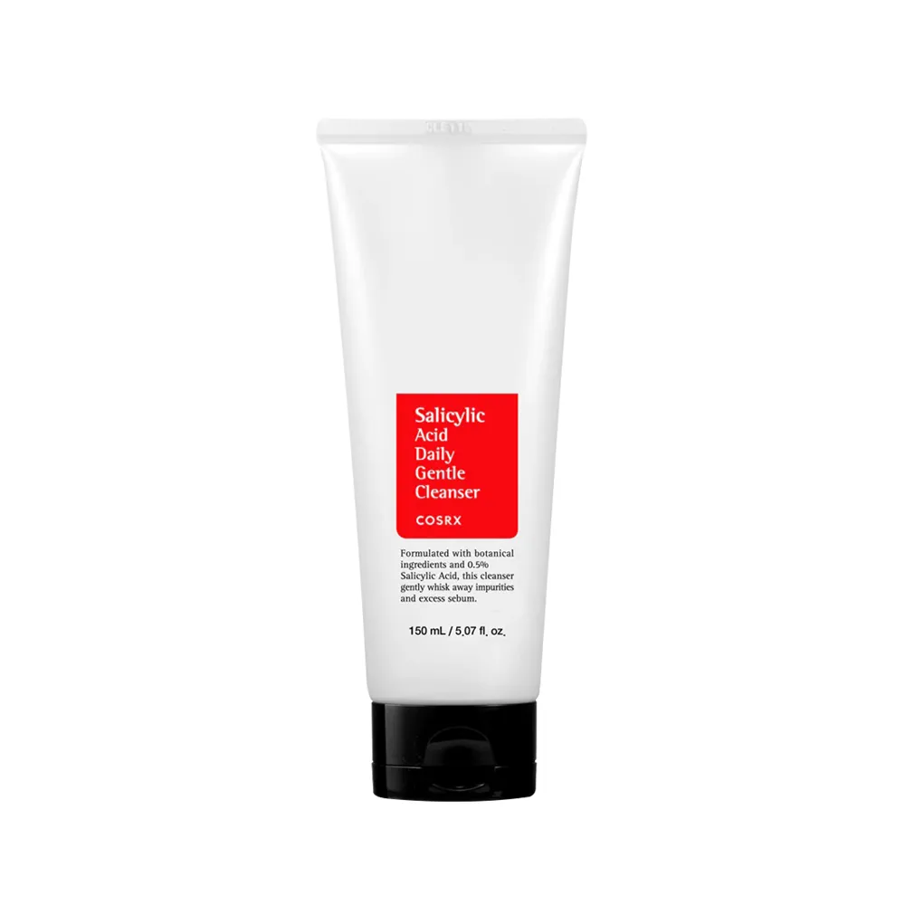 White skincare cleanser tube with a black cap and red label.
