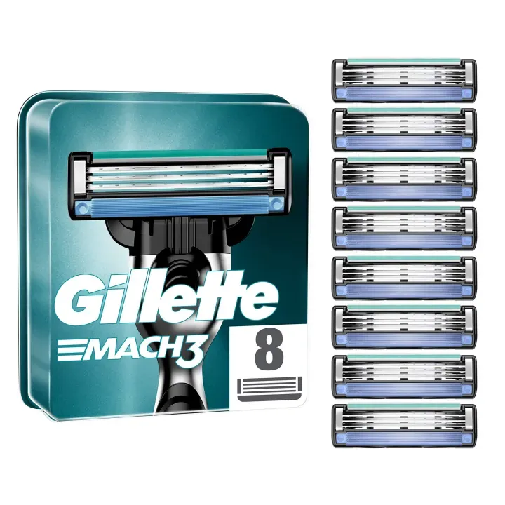 Gillette Mach3 razor blade refill pack with eight replacement cartridges.
