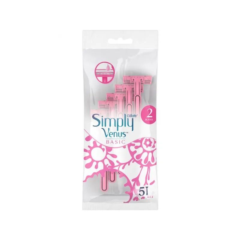 Package of Simply Venus Basic pink disposable razors with floral design.