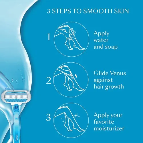 Blue Venus razor and step-by-step shaving instructions for smooth skin with simple line drawings.