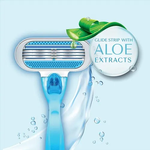 Blue razor with water splashes and a label highlighting aloe extracts on the glide strip.