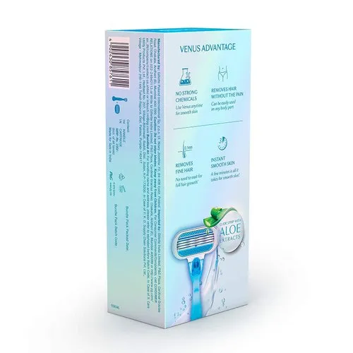 Venus razor packaging with blue-green accents and an illustration of a razor with aloe.