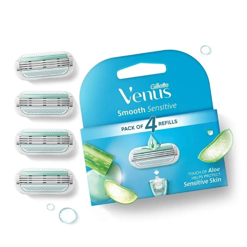Gillette Venus razor blade refill pack with four razor cartridges and aloe illustrations.