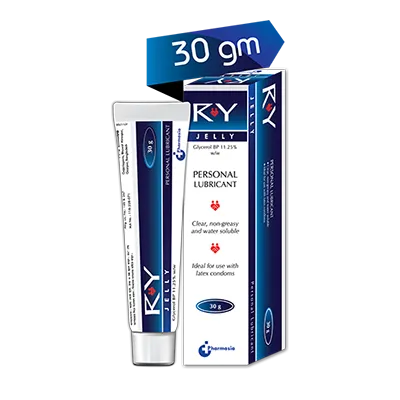Tube and box of KY personal lubricant, blue and white packaging, labeled 30 gm.