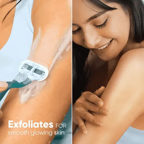 Woman shaving her arm and smiling while touching her smooth skin.