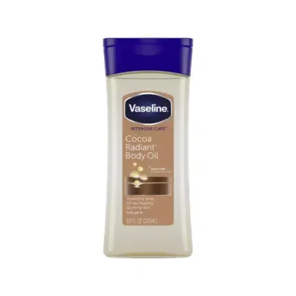 Vaseline Cocoa Radiant Body Oil bottle with blue cap and brown label.
