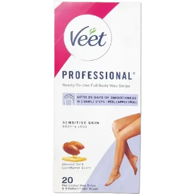 Veet Professional wax strips box with legs illustration and shea butter image.