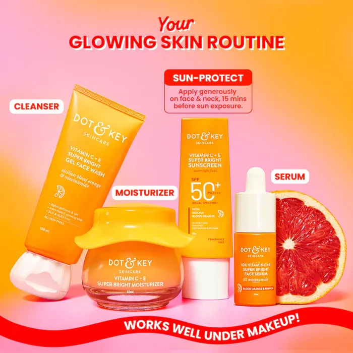 Four Dot & Key skincare products with a grapefruit slice on a bright orange background.