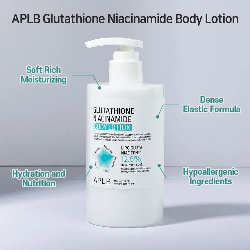 White pump bottle of APLB Glutathione Niacinamide Body Lotion on a light blue background.