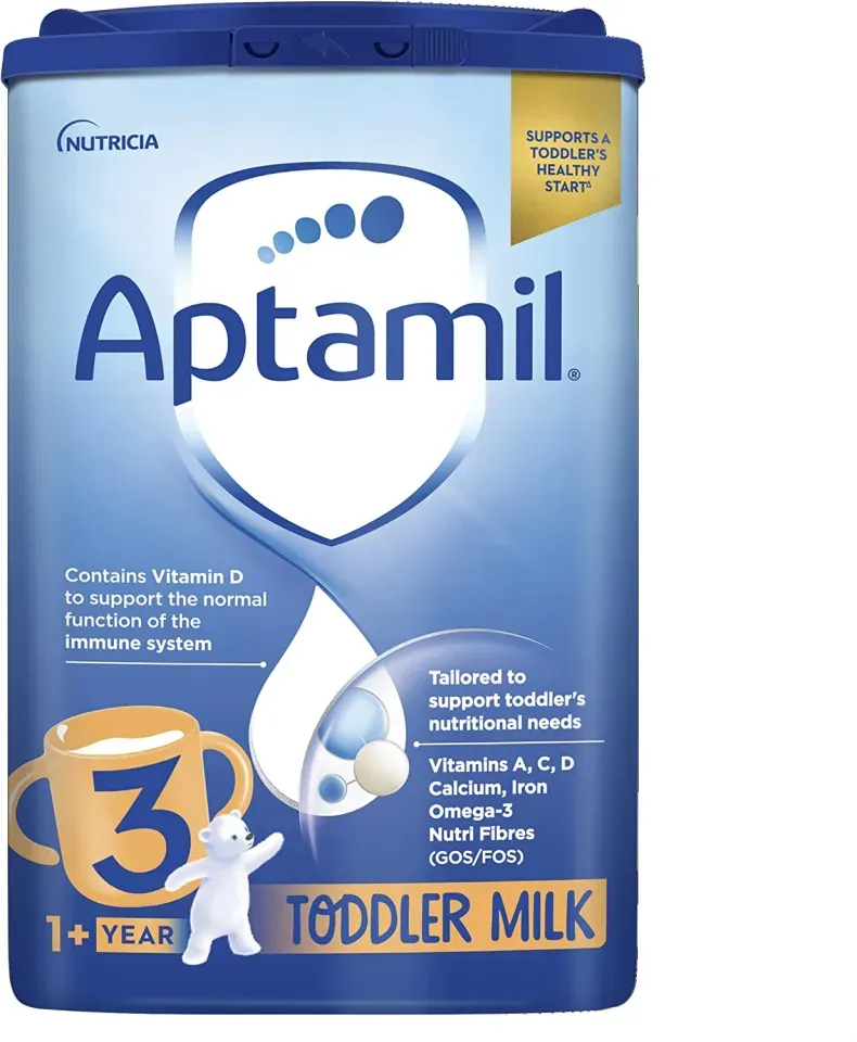 Aptamil Toddler Milk container with blue and gold design, labeled for ages 1 year and up.