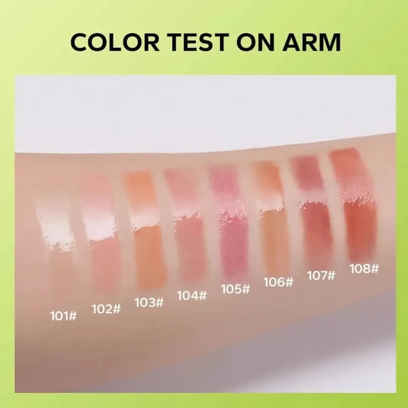 Swatches of nine lipstick shades on a forearm, ranging from light pink to deep rose.