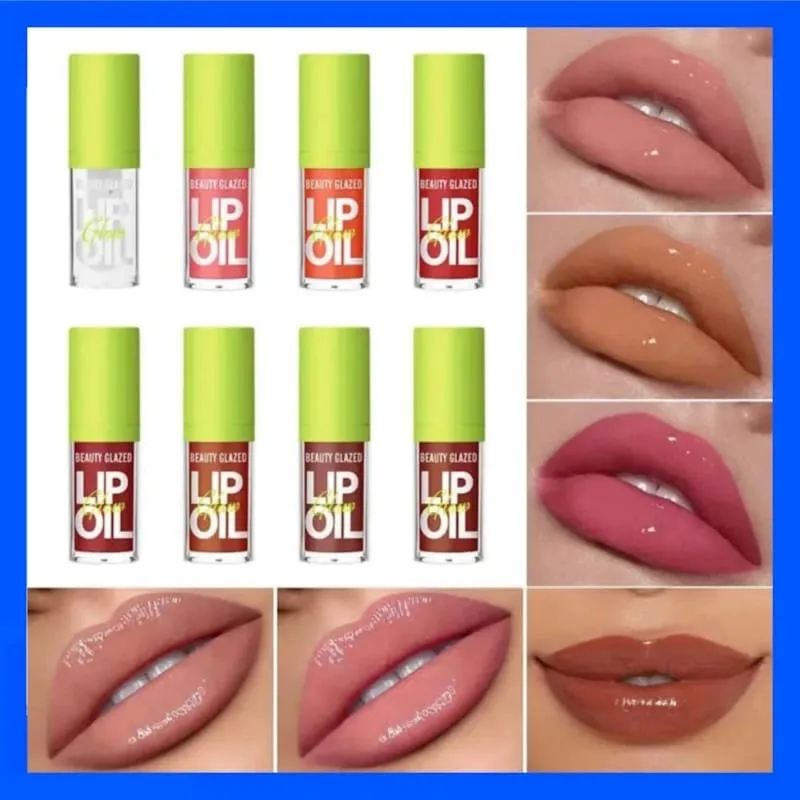 Six tubes of lip oil in various shades, with swatches on lips showing each color.