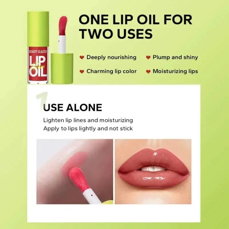 Lip oil tube with applicator, and close-ups of glossy lips after applying pink lip oil.