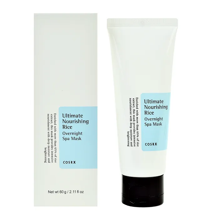White tube and box of COSRX Ultimate Nourishing Rice Overnight Spa Mask.