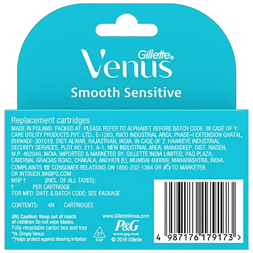 Gillette Venus Smooth Sensitive cartridge packaging with a barcode on the back.