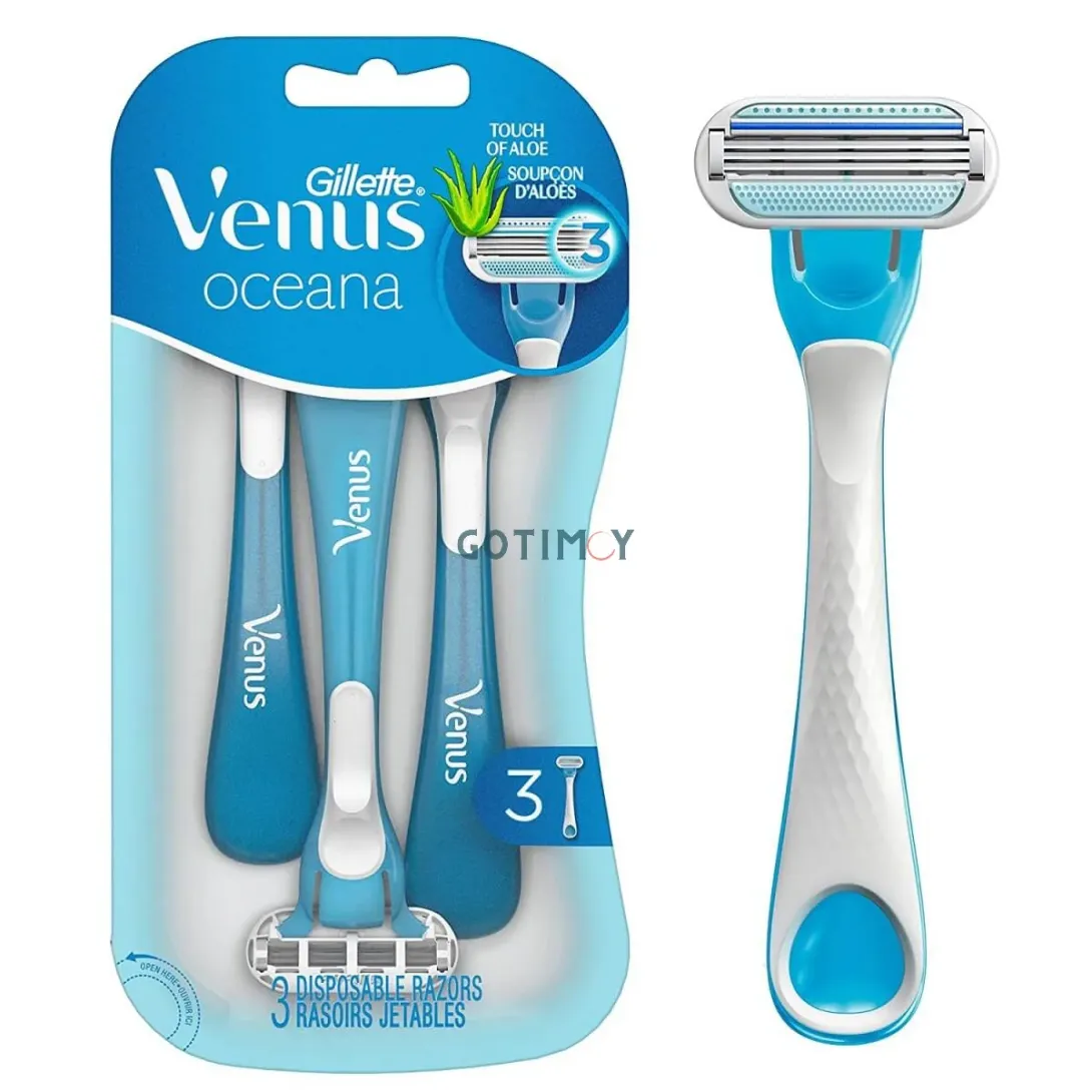 Gillette Venus Oceana razors in blue and white packaging, one razor shown separately.