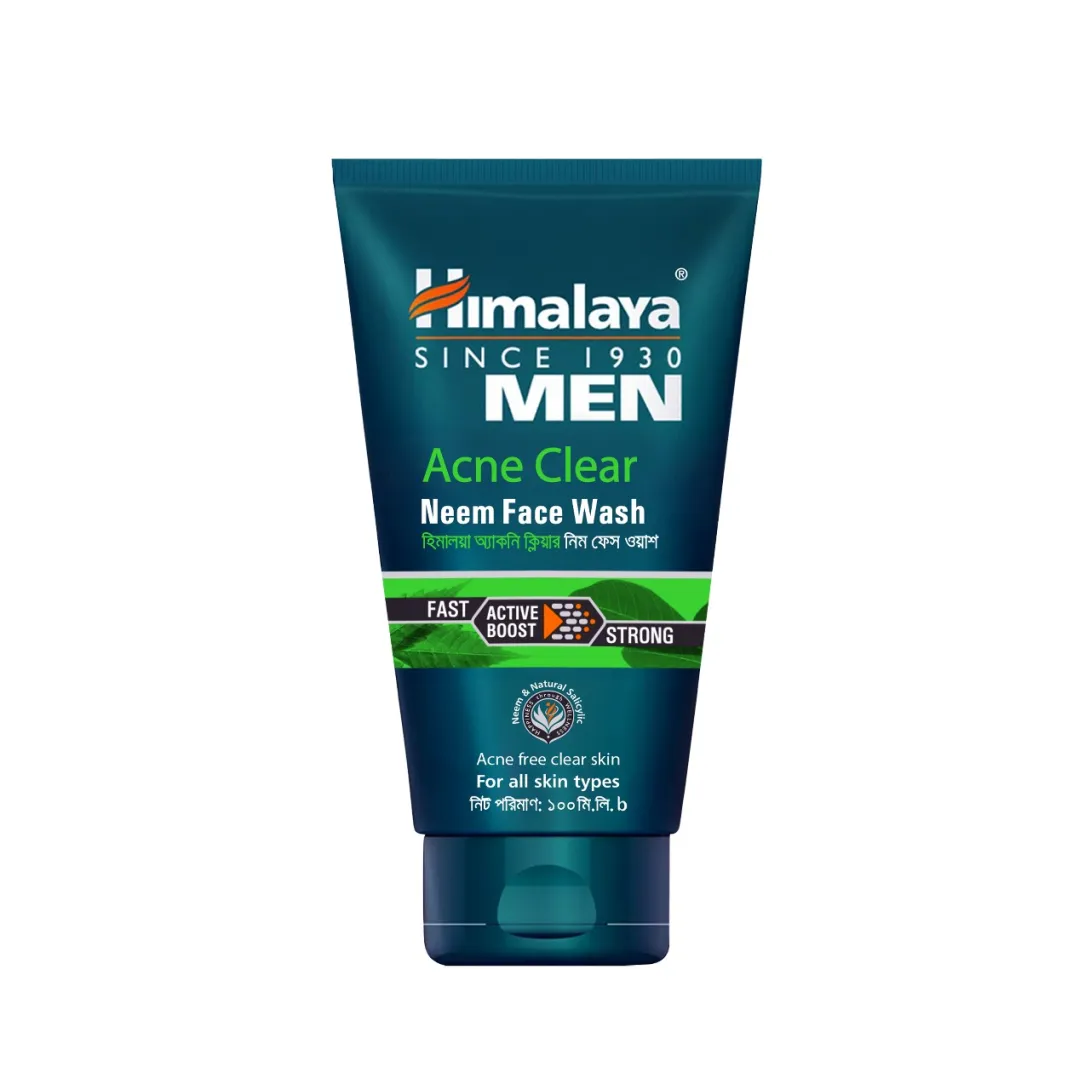 Himalaya Men Acne Clear Neem Face Wash tube with green and blue design.