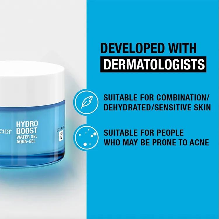 Neutrogena Hydro Boost Water Gel jar on a blue and white background with skincare benefits.