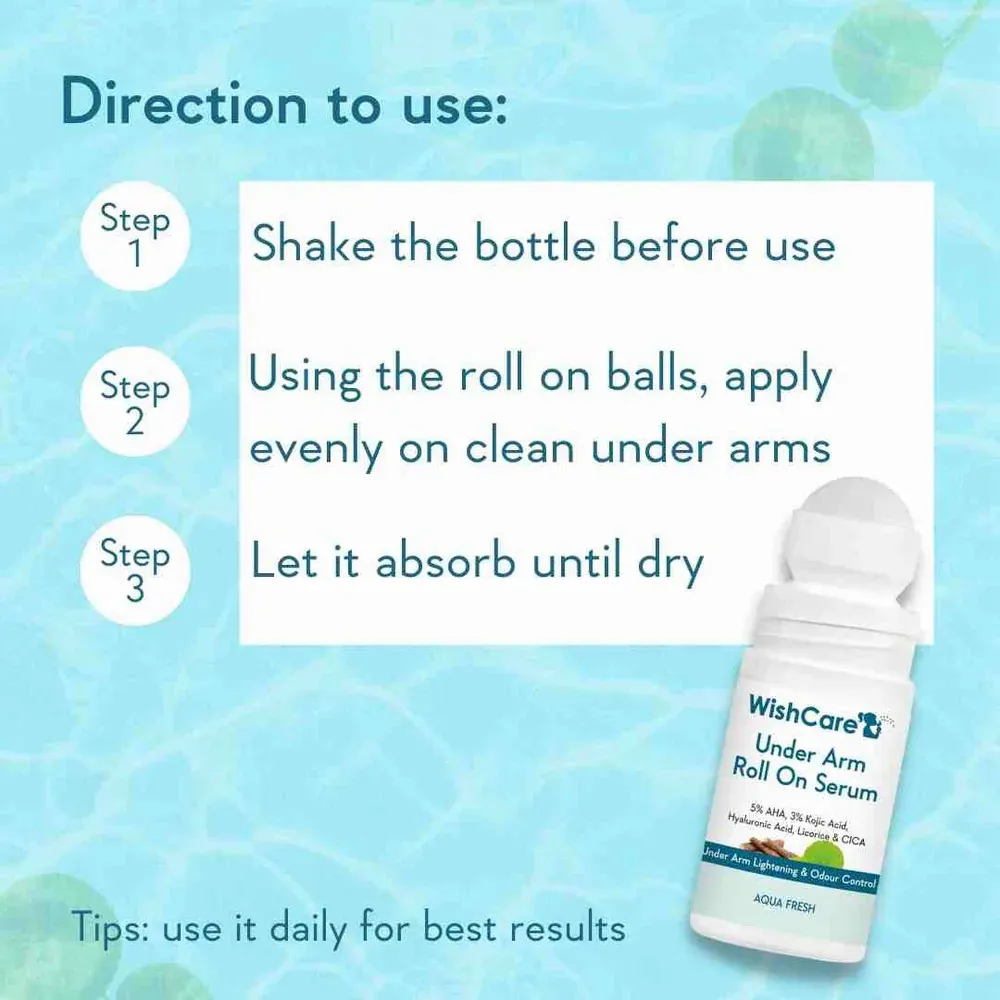 Underarm roll-on serum bottle with usage instructions on a blue patterned background.