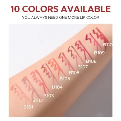 Swatches of ten lipstick colors applied on an arm, labeled from B101 to B110.