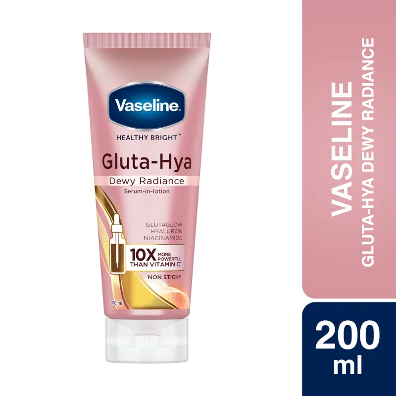 Vaseline Gluta-Hya Dewy Radiance face lotion in a pink 200 ml tube.