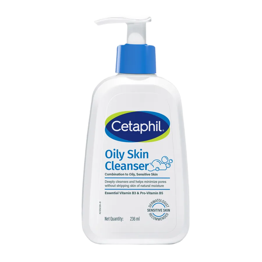 Cetaphil Oily Skin Cleanser bottle with a blue pump and white label.