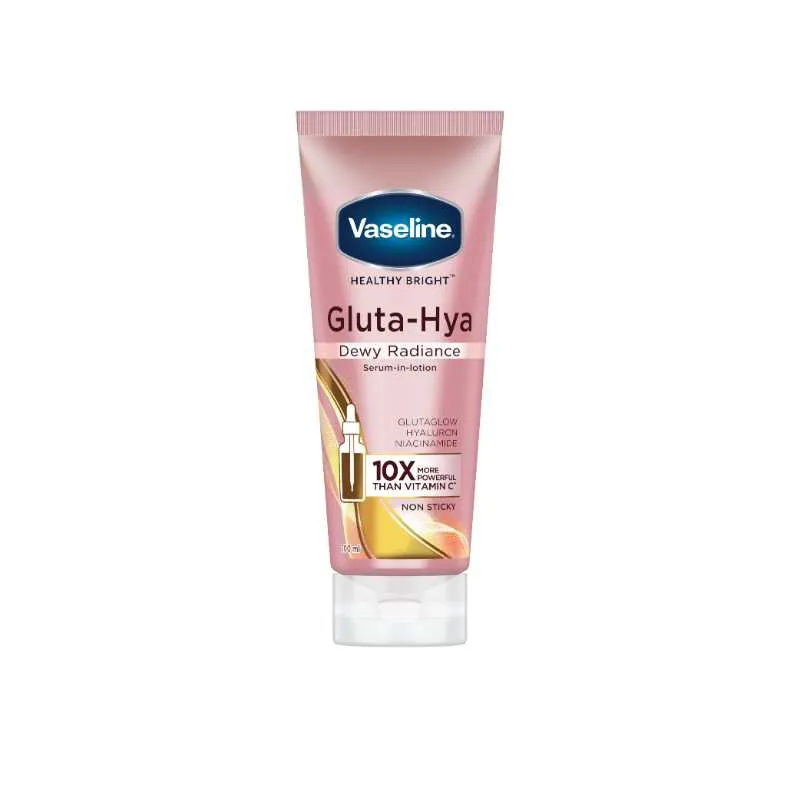 Vaseline Gluta-Hya serum burst lotion tube with pink and gold design on white background.