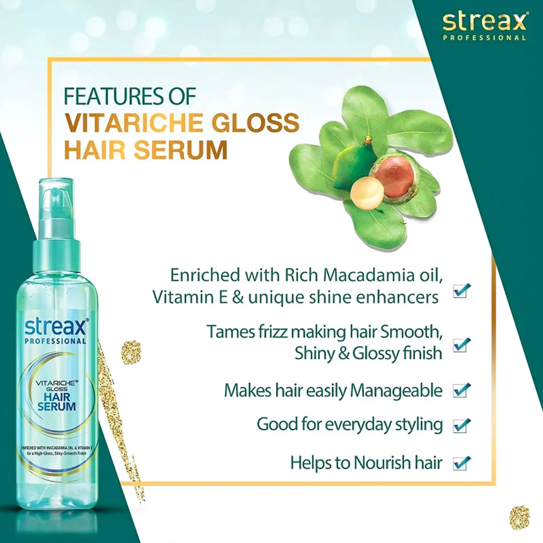 Streax hair serum bottle with macadamia nuts and product benefits list on a green background.