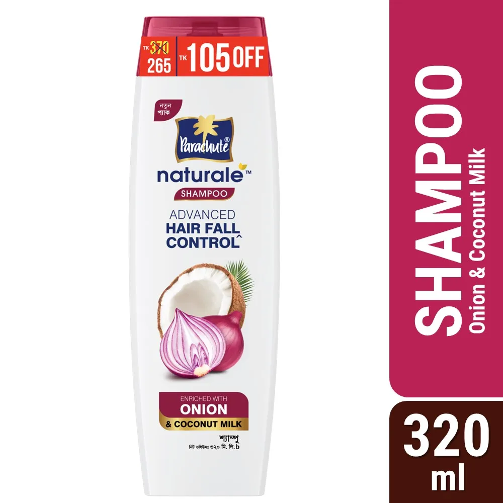 White shampoo bottle with onion and coconut images, labeled for hair fall control, 320 ml.