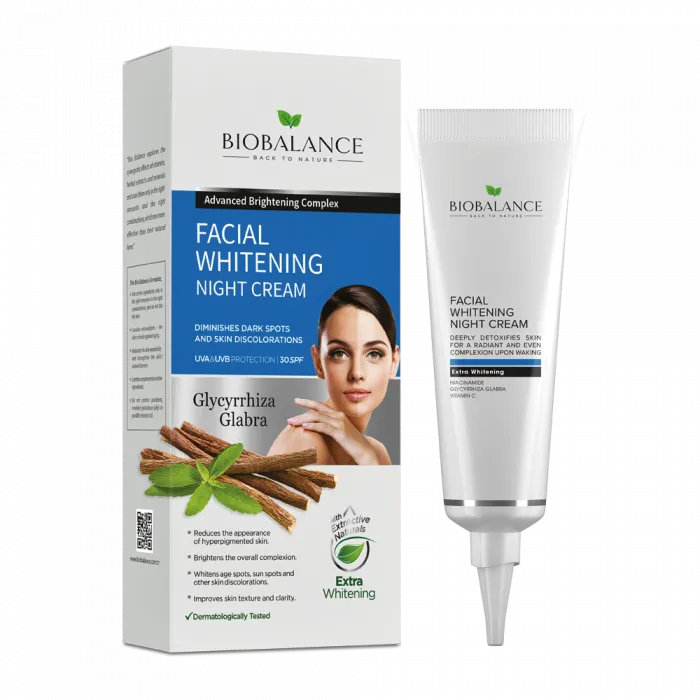 BioBalance Facial Whitening Night Cream tube and packaging with woman's face and cinnamon sticks.