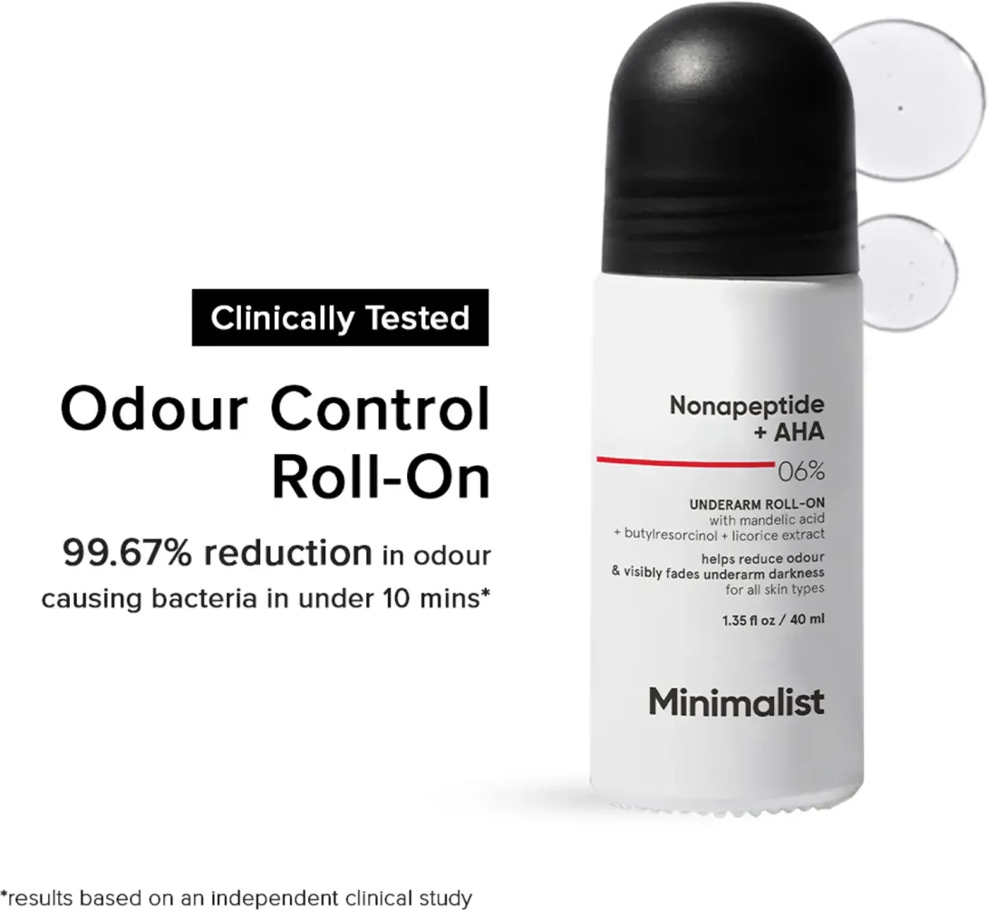 Minimalist Odour Control Roll-On with a black cap and white bottle.