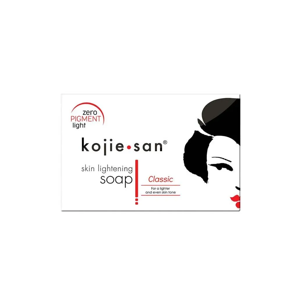 Kojie San skin lightening soap packaging with a stylized woman's face illustration.
