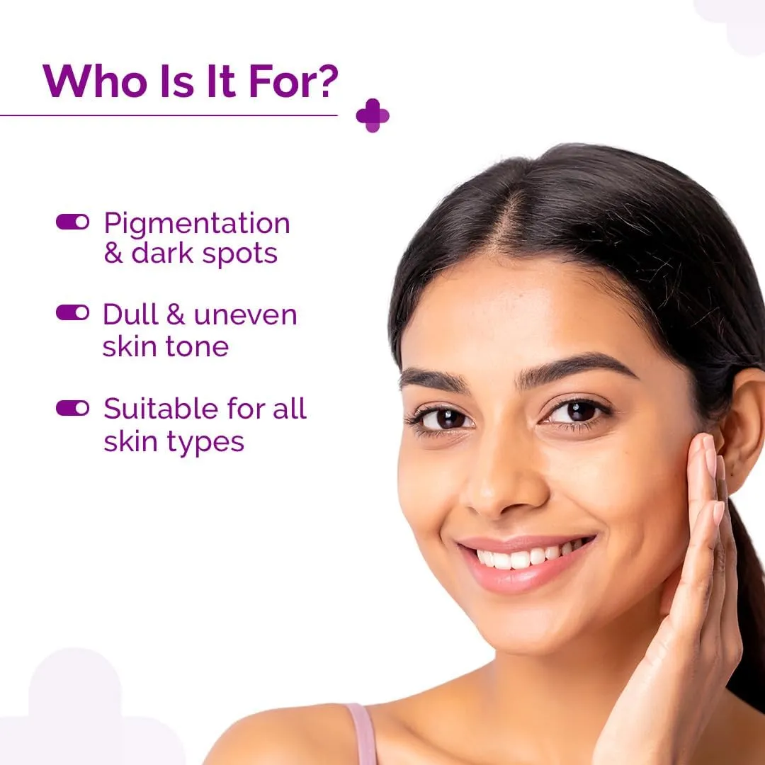 Smiling woman with clear skin touching her face, next to skincare benefits list on a white background.