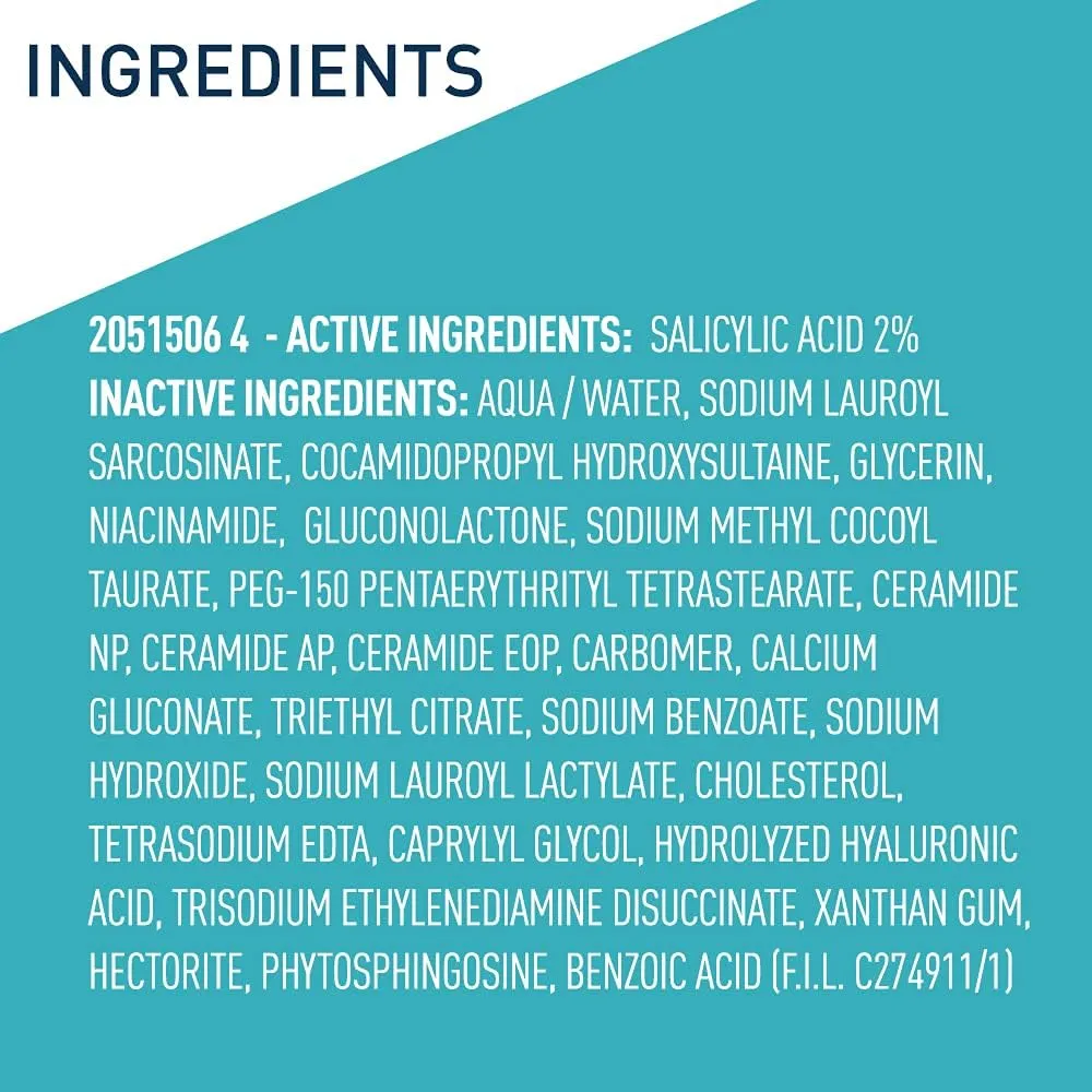 Ingredients list with active and inactive components on a teal and white background.