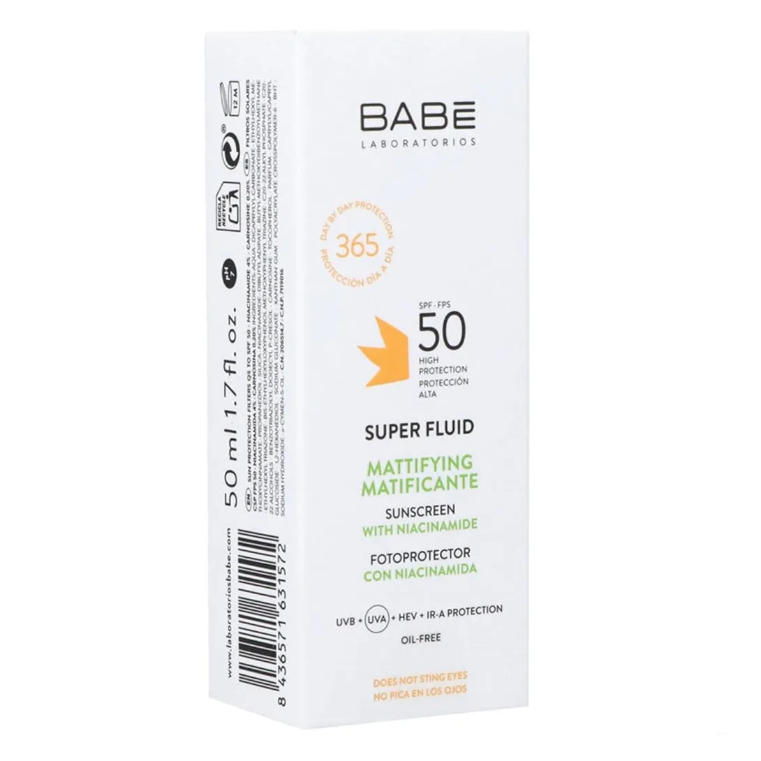 White rectangular box of Babe Super Fluid sunscreen with SPF 50 text and orange accents.