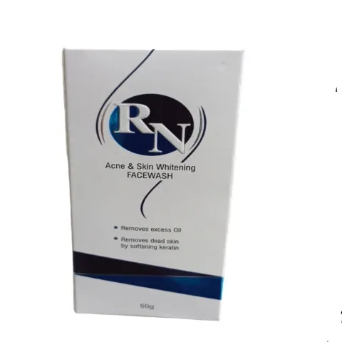 RN Acne & Skin Whitening Facewash product packaging, white box with blue and black accents.