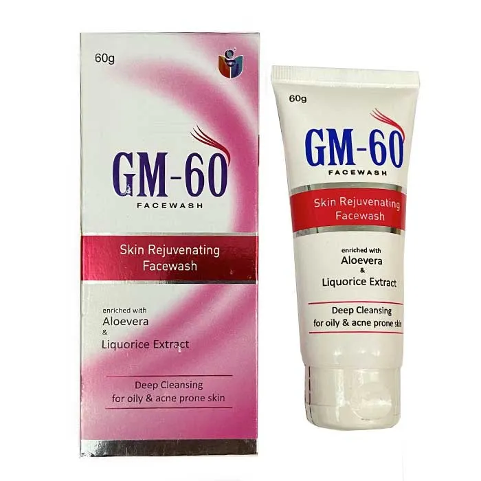 GM-60 facewash tube and box with red and white design, labeled for skin rejuvenation.