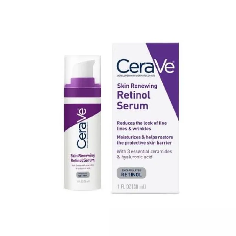 CeraVe Skin Renewing Retinol Serum bottle and box with purple and white design.