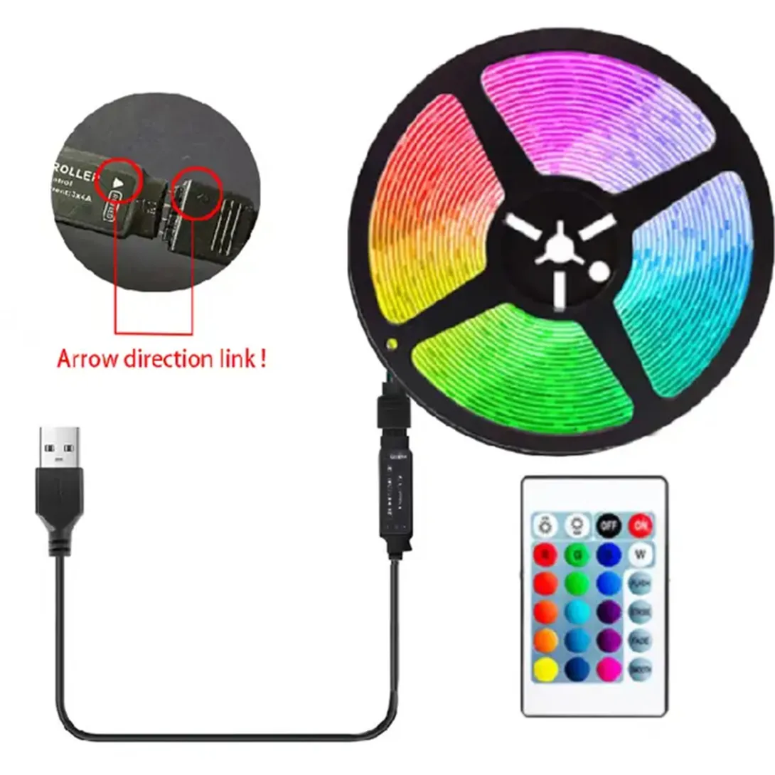 LED strip light roll with USB plug and multicolor remote control.