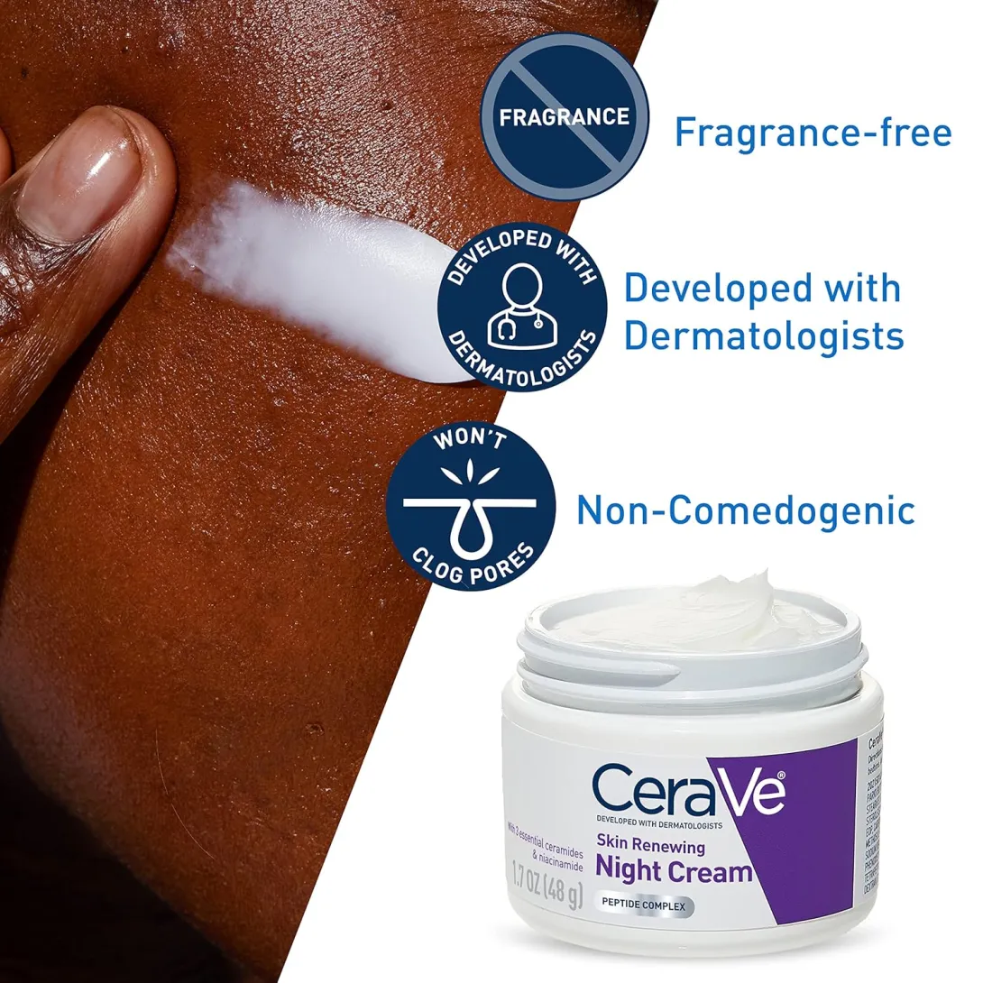 Hand applying CeraVe night cream to dark skin, cream jar shown at lower right.