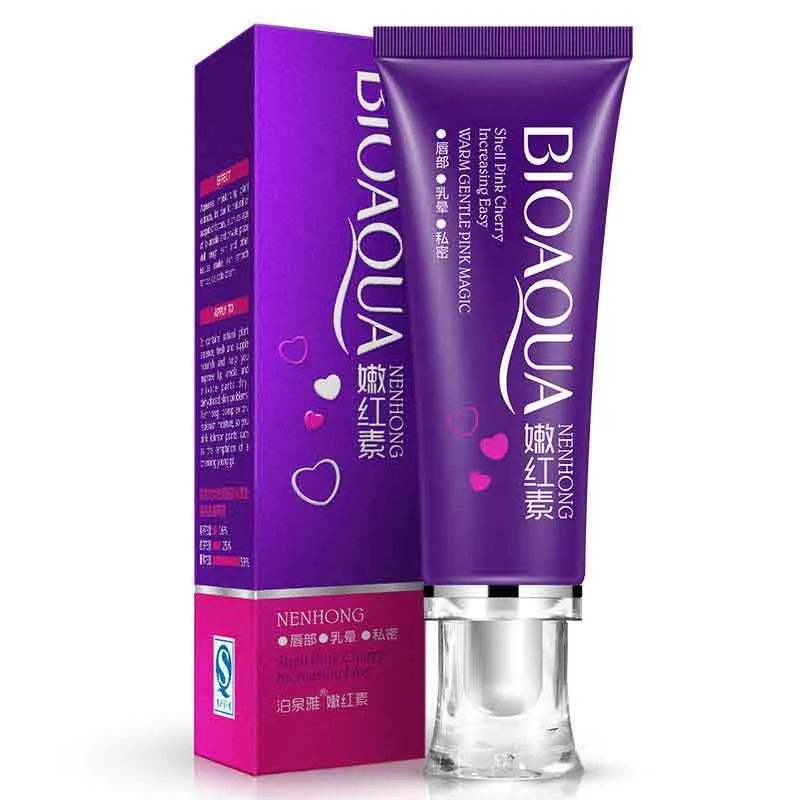 Purple BIOAQUA skincare tube with matching box, decorated with small heart icons.