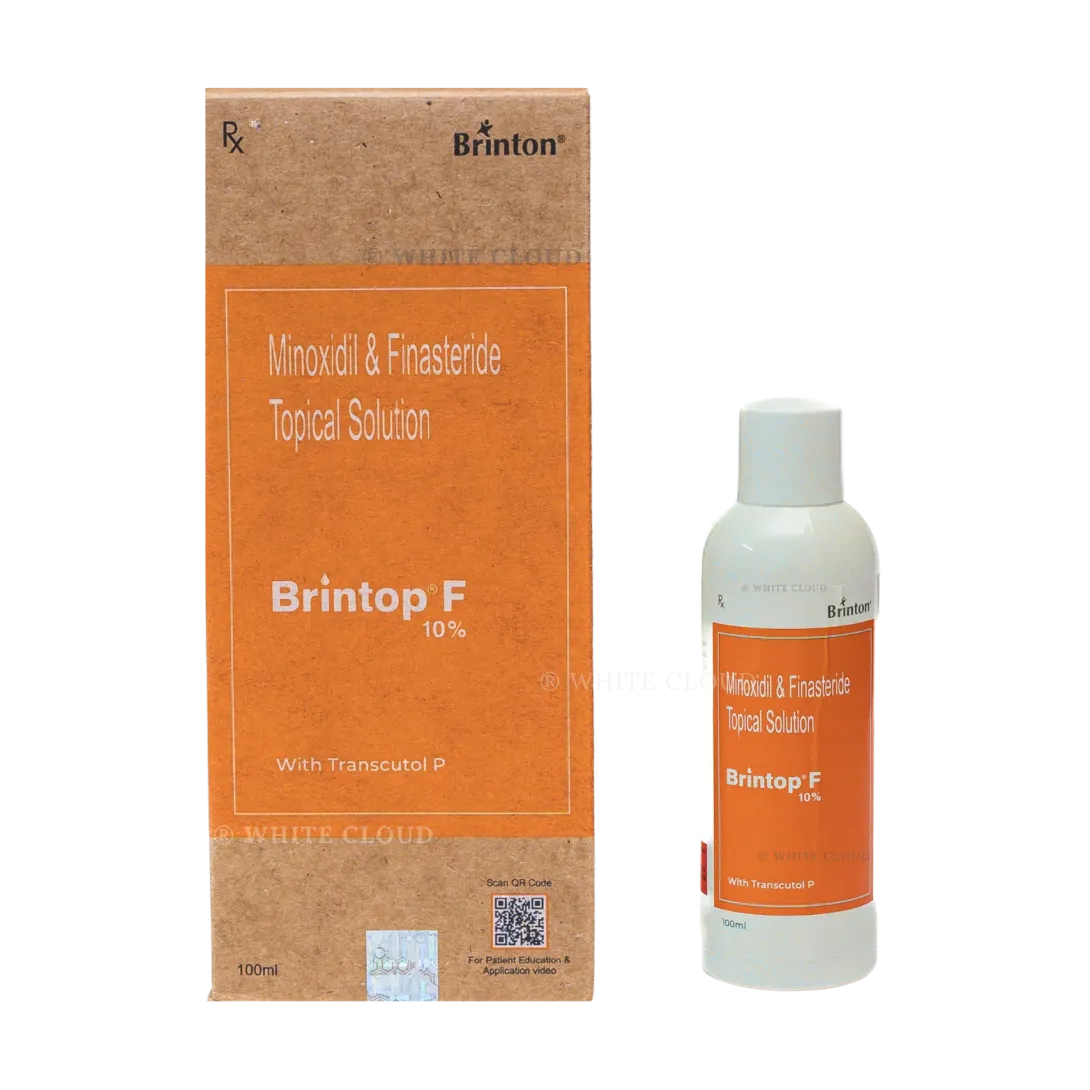 Brintop F product packaging and white bottle with orange label.