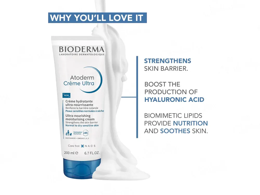 Bioderma Atoderm Crème Ultra tube with a smear of cream on a white background.