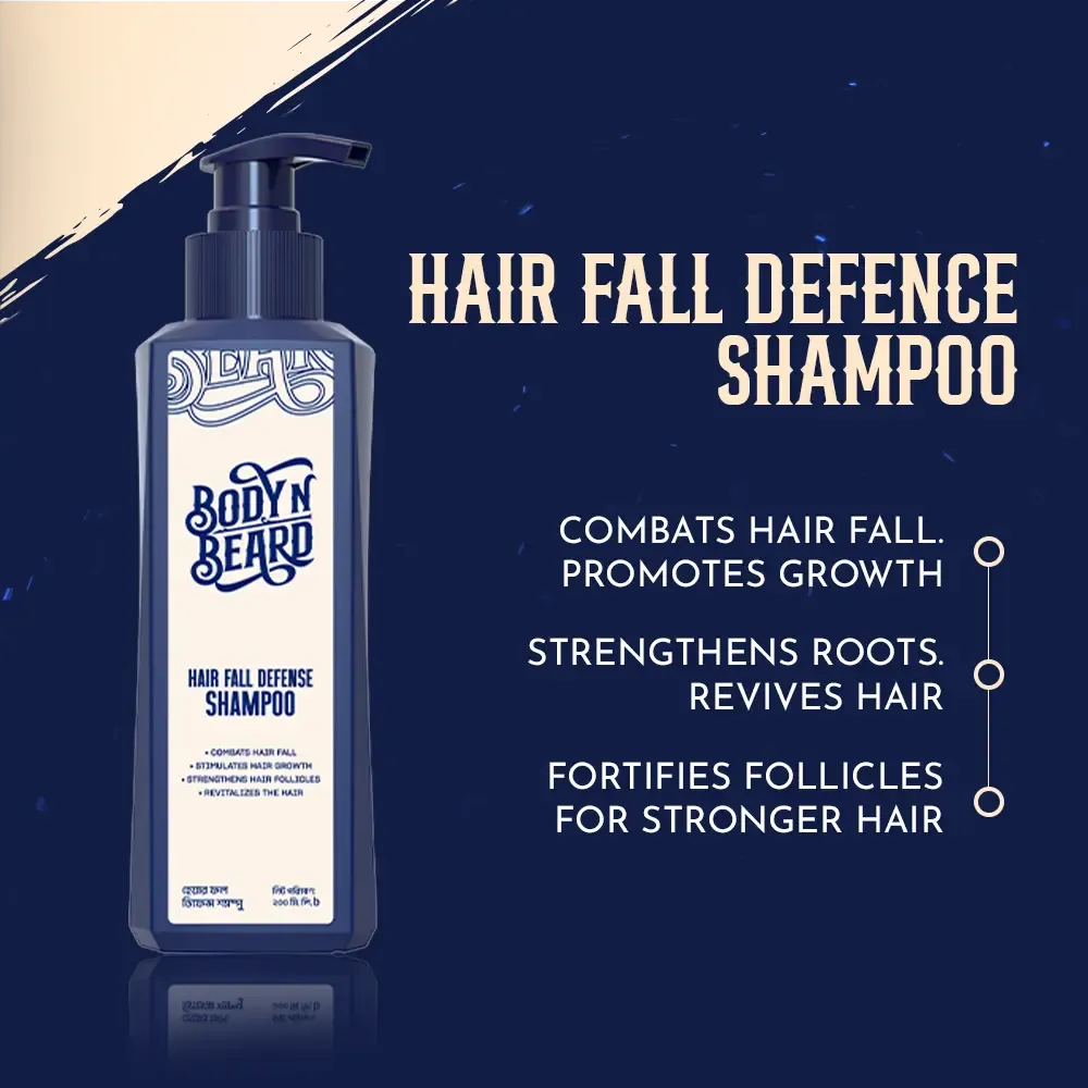 Body and Beard Hair Fall Defence Shampoo bottle with product benefits listed beside it.